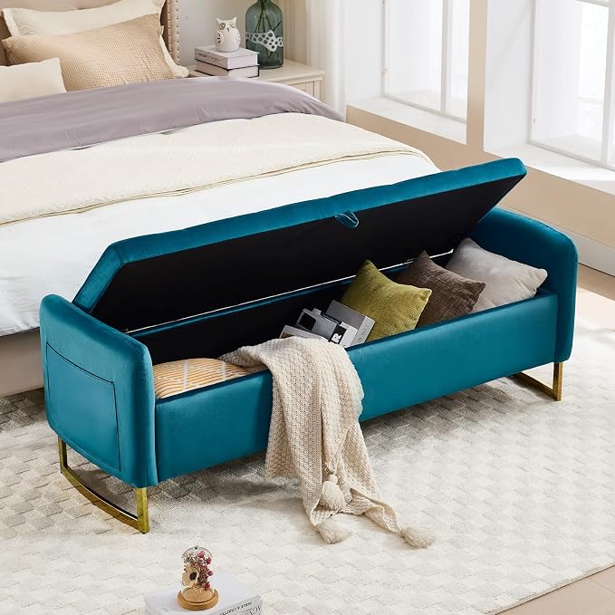 65" Storage Bench for Bedroom, Velvet End of Bed Bench, King Size Bed Benches for Foot with Tufted Button and Gold Legs, Upholstered Window Ottoman Benches with Armrests, Vintage Green