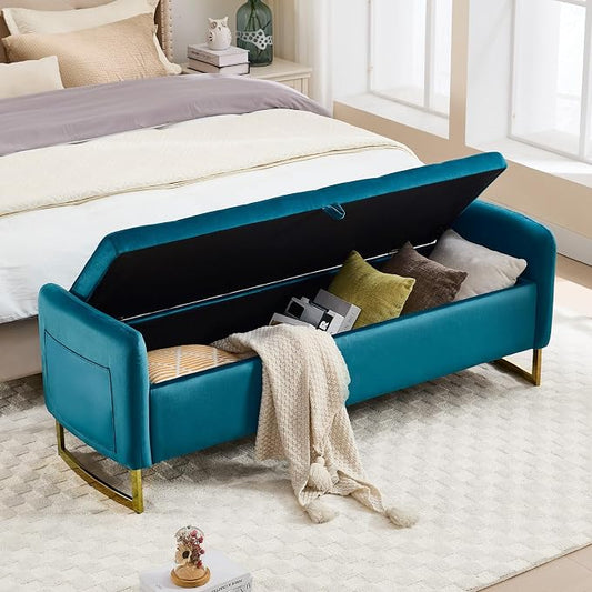 65" Storage Bench for Bedroom, Velvet End of Bed Bench, King Size Bed Benches for Foot with Tufted Button and Gold Legs, Upholstered Window Ottoman Benches with Armrests, Vintage Green
