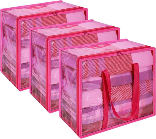 Vieshful Pink 90L Clear Clothes Storage Bag with Zipper 3 Pack | Colorful Clothes Organizer, Vinyl Storage Bag for Comforter, Blanket, Bedding, Duvet, Transparent Moving Totes