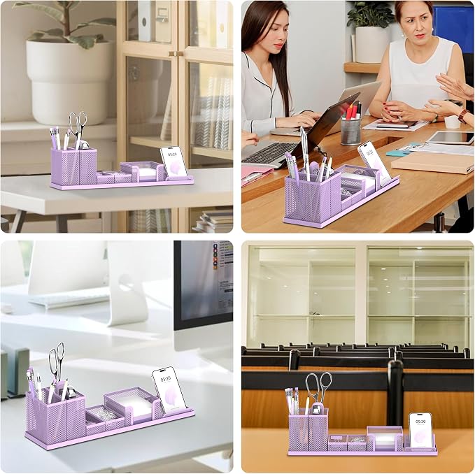 Pen Holder for Desk, 6-Piece Mesh Desk Organizer with Phone Holder, Purple | 6-Piece Black Mesh Desk Set Includes Pen Cups, a Sticky Note Caddy and Phone Holder for Office, School, Home