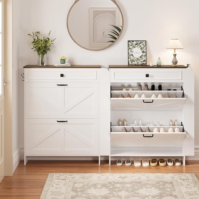 IRONCK Shoe Storage Cabinet with 2 Flip Drawers & Barn Door, White/Walnut | Freestanding Shoe Cabinet Organizer with Drawer and Shelves for Entryway, Farmhouse Shoe Rack Cabinet