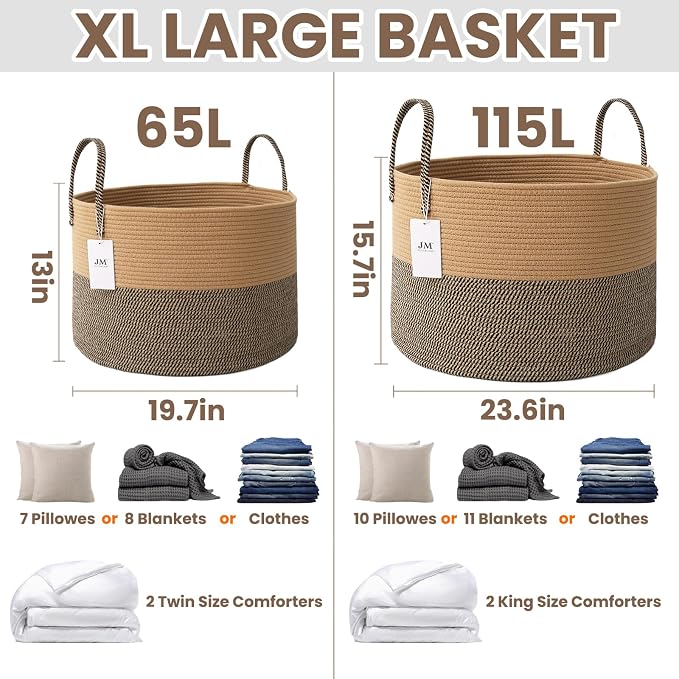 JMvicyroam 65L Extra Large Machine Washable Cotton Rope Blanket Basket | Collapsible laundry hamper, Reinforced handles, For blankets, pillows, toys and clothes, Living room and bedroom, Jute&Black