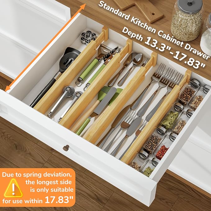 BAMEOS Bamboo Expandable Drawer Dividers – Fits 13.3"–19" Drawers, 2" High, Set of 4 | Spring-Loaded Bamboo Separator for Kitchen Island, Bathroom Vanity & Dresser Drawers