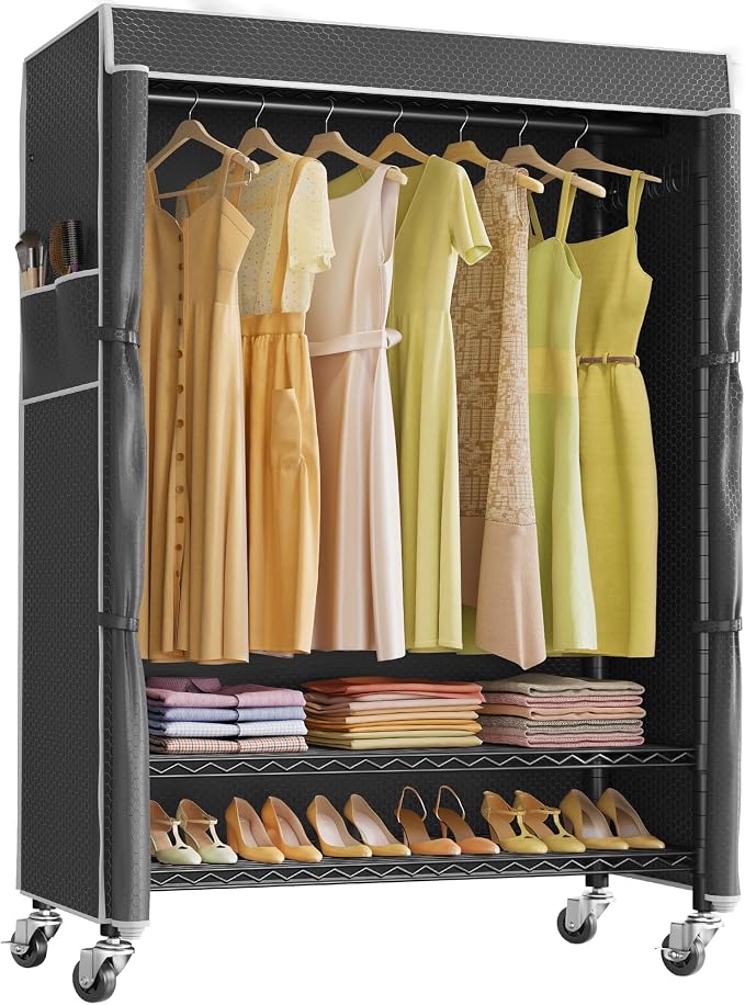 VIPEK R3C Portable Closet for Hanging Clothes Rolling Rack with Cover | Lockable Wheels, Adjustable Wire Shelving, Metal Side Hooks, Polyester Cover, Heavy Duty 380lbs, Space-Saving for Bedroom