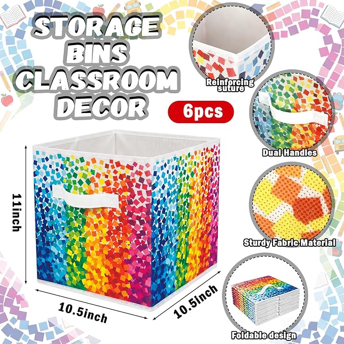 6 Pcs 11 Inch Multicolor Fabric Storage Cube Bin Woven Foldable Storage Cubes for Classroom Basket Bin Classroom Organizer with Handle Decor for Organizing Clothes, Toys, Books