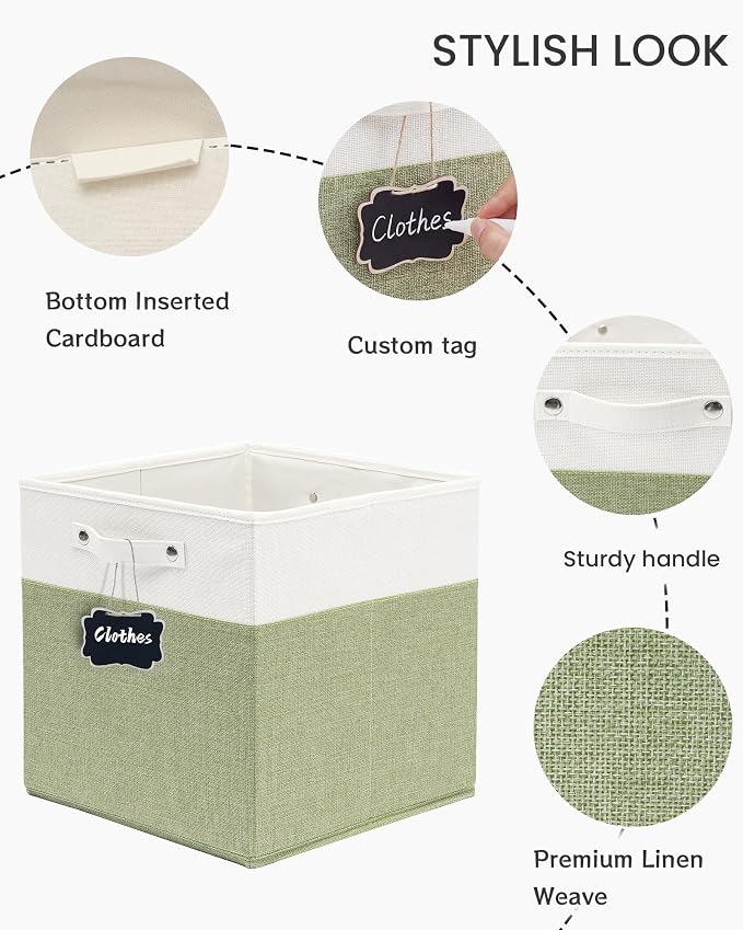 FinishingBo 13 inch Cube Storage Bins with Handles 6 Pack | Foldable Linen Storage Baskets, Closet Organizers, Shelf Baskets, White Green