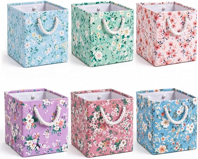 6 Pack Boho Floral Storage Bins 6 Pack, 11 Inch Cube Fabric Storage Baskets | Foldable Fabric Cube Baskets with Reinforced Handles, Floral Laundry Nursery Hamper, for Shelves, Closets, Room Organization