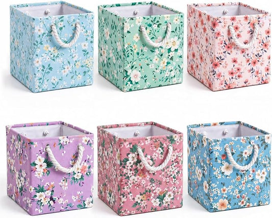 6 Pack Boho Floral Storage Bins 6 Pack, 11 Inch Cube Fabric Storage Baskets | Foldable Fabric Cube Baskets with Reinforced Handles, Floral Laundry Nursery Hamper, for Shelves, Closets, Room Organization