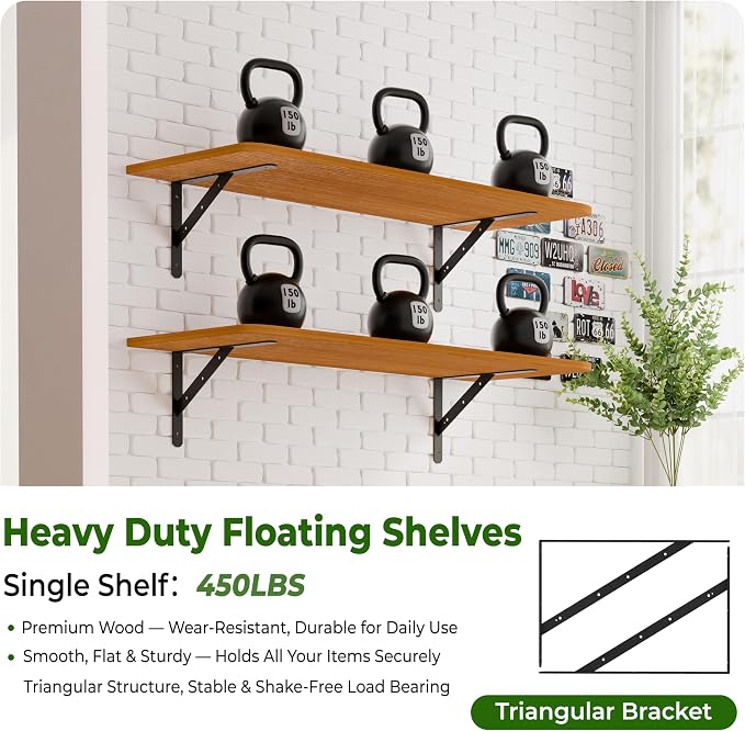 Dogsky 2-Pack Garage Storage Shelving Wall Mounted, 4x2Ft (48x24In) Heavy Duty Wood Floating Wall Shelf, 500lbs Capacity Shelves for Garage, Closets, Utility Rooms and Kitchens, Teak