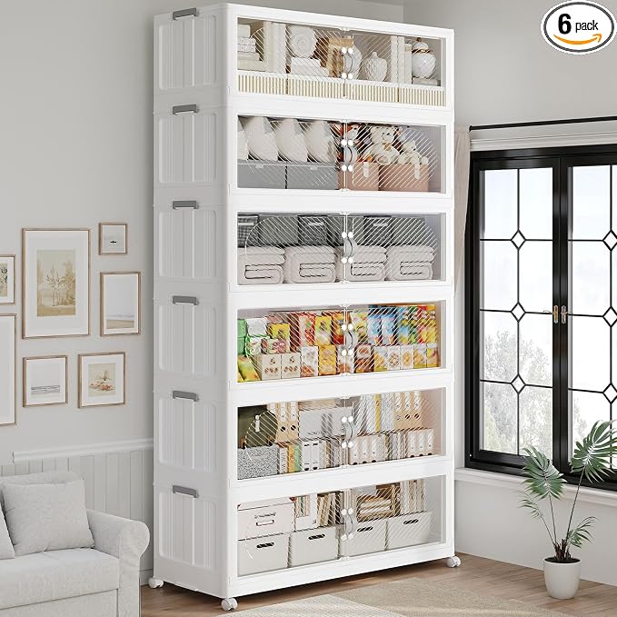 720QT Extra Large Stackable Storage Bins with Lid, 180Gal Plastic Closet Organizers and Storage Drawer, Collapsible Cabinet Box with Wheels Clear Doors for Home Kitchen Garage, 6Pack White