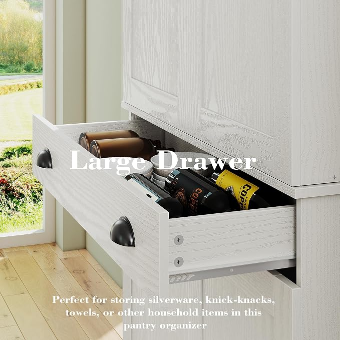 IRONCK 72" Kitchen Pantry Cabinet with Drawer and Sliding Racks, White | White wood pantry cabinet. 6 door shelves. 3 sliding racks. For kitchen, dining room, or hallway.