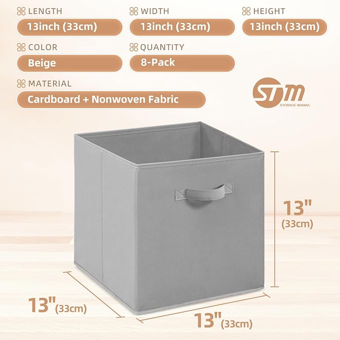 STORAGE MANIAC Storage Cubes, 13 Inch Collapsible Storage Bins with Handles, 8 Pack Fabric Foldable Bins for Organization, Durable Storage Bins for Closet, Shelves, Offices, 8-Pack Grey
