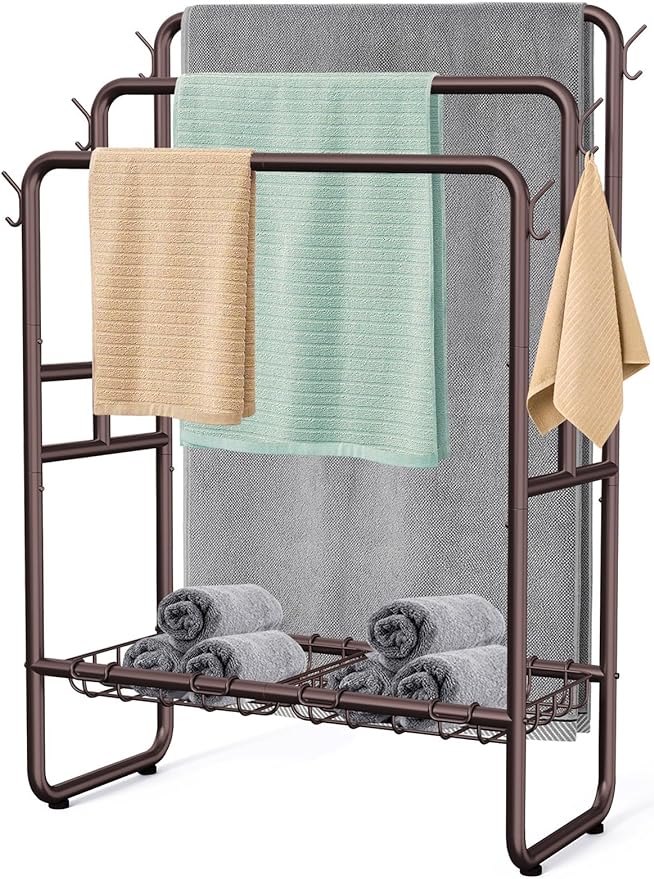 Kayfia 40'' Freestanding 3 Tier Metal Towel Rack, 2 Baskets & 6 Hooks | Dual-Use Drying & Display Rack, Holds Oversized Bath Towels & Blankets, fits Indoor, Bathroom, Bedroom & Outdoor, Bronze