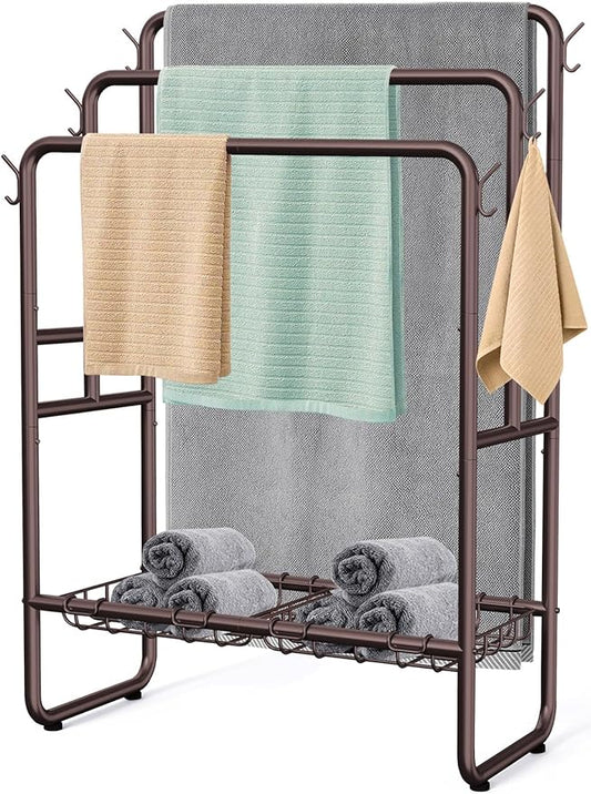 Kayfia 40'' Freestanding 3 Tier Metal Towel Rack, 2 Baskets & 6 Hooks | Dual-Use Drying & Display Rack, Holds Oversized Bath Towels & Blankets, fits Indoor, Bathroom, Bedroom & Outdoor, Bronze