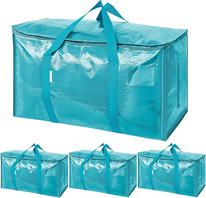 TICONN 4 Pack Extra Large Moving Bags Heavy Duty with Zippers & Carrying Handles, Durable Storage Bags Moving Boxes for Closet Organizers and Storage (4 Pack, Aqua)