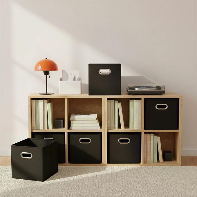 Household Essentials Foldable Fabric Storage Bins 6 Piece Set, Strong Poly-Woven Fabric, Sturdy Chipboard Sides, Grommet Front Handle, Stackable, Classic Design, Black