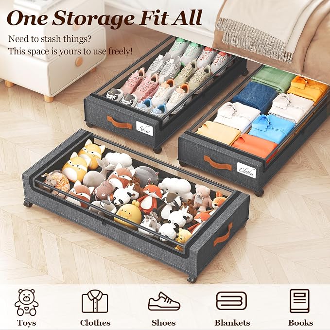 Yecaye 70 L Under Bed Storage with Wheels, 3 Pack Larger Capacity Under Bed Storage Containers, Underbed Shoe Storage Organizer, Rolling Under Bed Metal Drawers for Clothes, Blankets, Hemp Grey