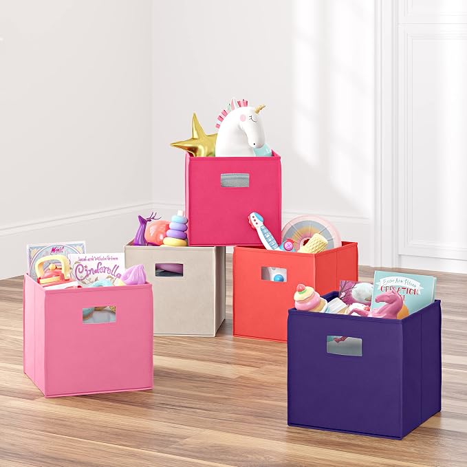 RiverRidge Folding Storage Bins - 2-pack of 10in Tall Dark Purple Cubes | Fabric Bins, Set of 2 Storage Cubes, Cut-out Handles, Playroom Closet Organizer, Collapsible Cubby with Bottom Board Insert
