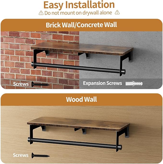 Luxspire 28.7" Wall Mount Clothes Rack with Wood Top Shelf Hanging Clothes | Black + brown, heavy duty rust-resistant metal, extra top shelf decor storage, easy install on wood brick walls