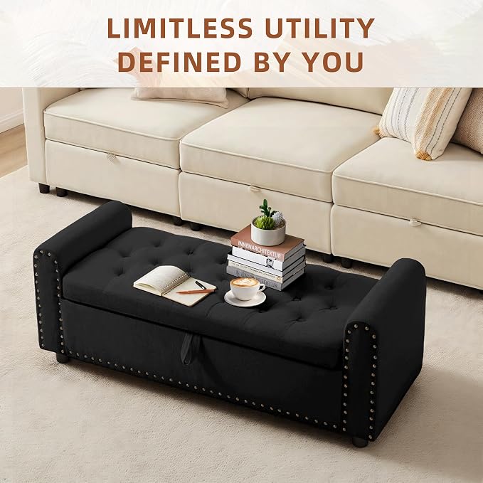 48" Ottoman with Storage, Tufted Storage Ottoman Bench, Convenient Living Room Fabrics Bench Seat, Entryway Shoe Benches with Inner Zipper & Arm, Upholstered Window Seat Ottomans with Rivets, Black