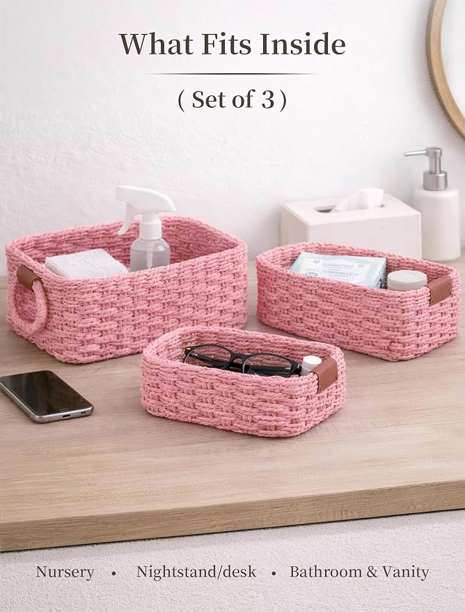 Small Wicker Baskets, 3 PCS Paper Rope Baskets for Shelves, Pink | Recycled Small Baskets, 3 Sizes Woven Baskets for Organizing, Decorative Storage Baskets for Bedroom and Bathroom
