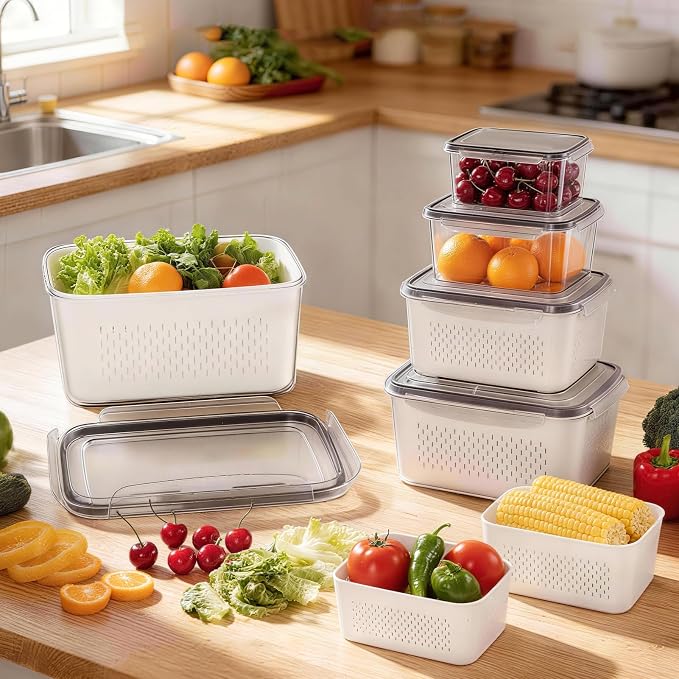 5 Pack Fruit Storage Containers for Fridge, Plastic Fruit Containers Set | with Removable Colanders, Leakproof Fridge Organizers and Storage for Berry Vegetables Salad Lettuce Meat, Dishwasher Safe