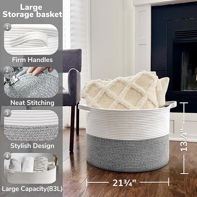 Goodpick Woven Blanket Basket Living Room, Toy Bin for Playroom, 85L | 21.7 x 21.7 x 13.8 In Toy Storage Basket for Nursery, Blanket Basket for Living room, Laundry Basket, Light & Grey