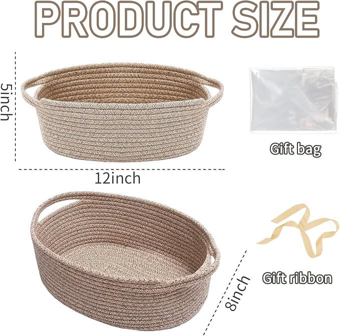 JMvicyroam Small Woven Basket, Empty Gift Basket, Oatmeal/3 Pack | Small Gift Basket, Cotton Rope, 12 x 8 x 14 in, Handles, Includes Ribbon and Bag, Birthday Gift Basket