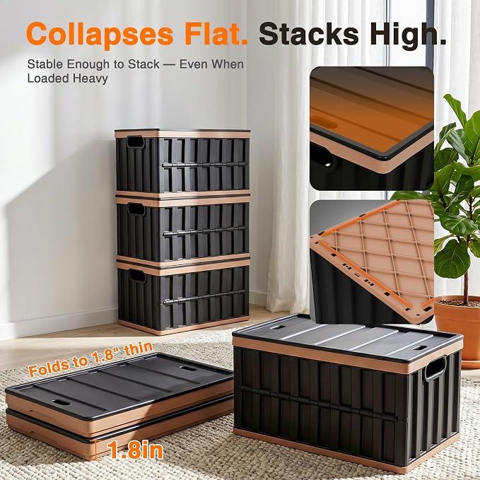 Citylife 64L Collapsible Storage Bins with Lids Plastic Storage Containers for Organizing Stackable Storage Box Large Heavy Duty Utility Crates, 2 Packs