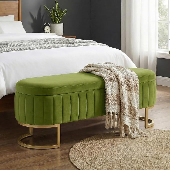 51 Inch Storage Ottoman Bench Velvet End of Bed Storage Bench King Size Upholstered Tufted Bench Large Space for Bedroom Living Room Entryway Light Green