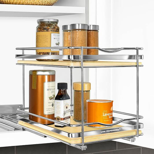 LYNK PROFESSIONAL® Élite™ Pull Out Spice Organization for Cabinets - 8-3/8 inch Wide – Spice Rack for Inside Cabinets – Wood/Chrome - Sliding Spice Rack Organizer for cabinet – Spice Rack - 2 Tier