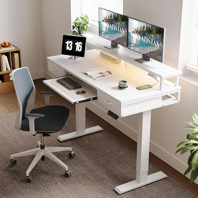 AODK 55 Inch Electric Standing Desk with Drawers & Keyboard Tray, White | 3 Outlets & 2 USB Ports, LED Lights, Monitor Stand, Cable Management Tray, 3 Memory Heights, 29.9"-46.1" in Range