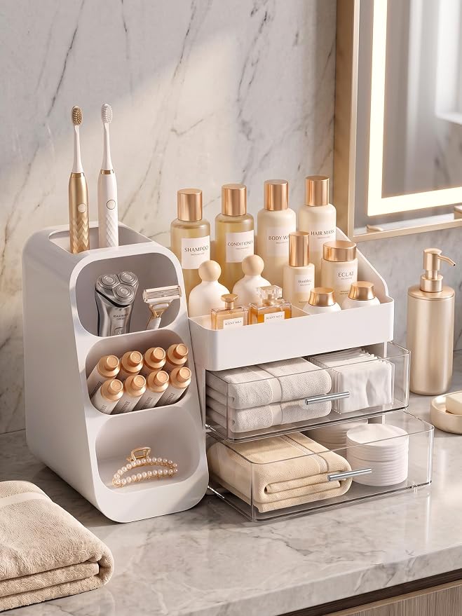 Booklov Large Makeup Organizer for Vanity Countertop, White | Clear Acrylic Cosmetic Display Case, Beauty Brush Holder for Bathroom Counter, Make Up Skincare Lipsticks Storage