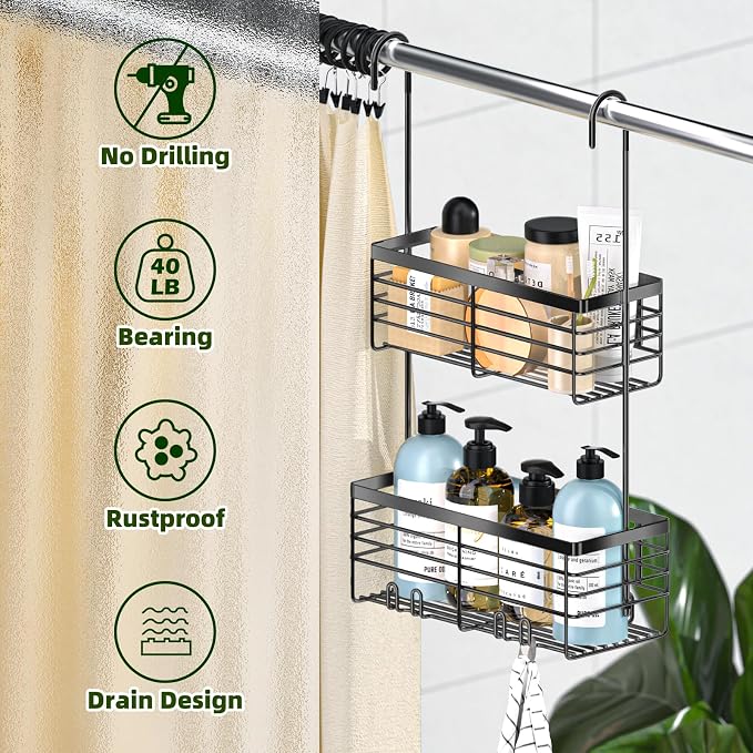 YUOROS 2 Tier Hanging Shower Caddy (Black) | Over the Door Shower Organizer Rack Organizer Stainless Steel Rustproof