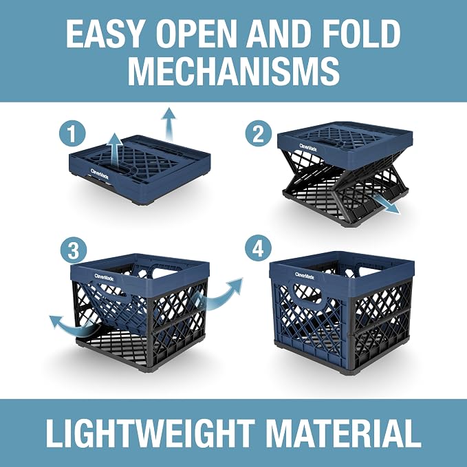 CleverMade Collapsible Milk Crate, 25L, 3 Pack, Ocean | Built-in rails hold letter-size hanging files. Interlocking crates stack open or folded and carry up to 50 lb each.
