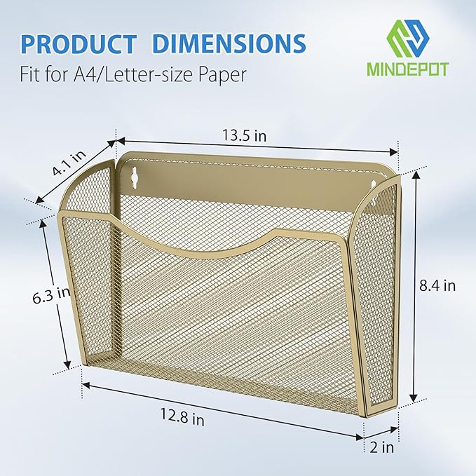 MINDEPOT Wall File Organizer, Hanging Wall File Holder, 6 Pack, Gold | Heavy Duty Iron, Metal Mesh Wall Mount, Single Pocket, Mail Organizer, for Office School Classroom Home, Letter A4 Size