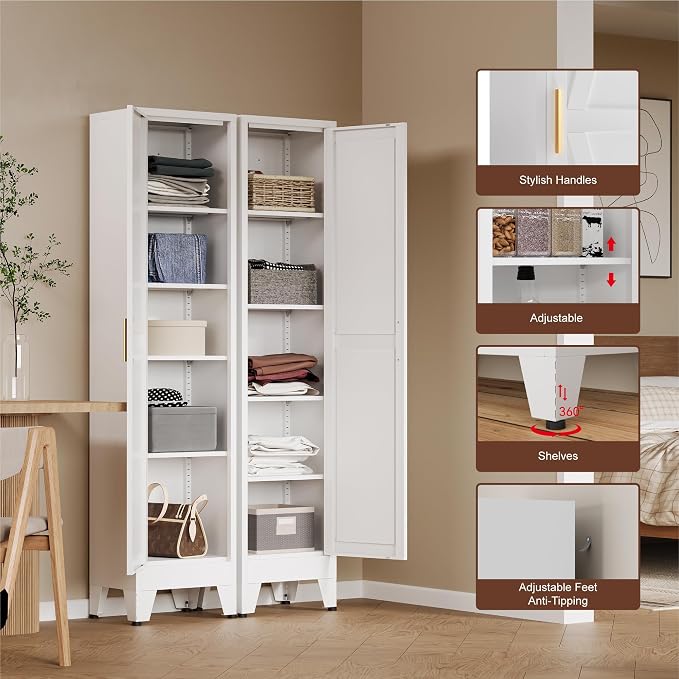 COFaR Tall Bathroom Storage Cabinet, Metal Farmhouse Narrow Slim Cabinet with Adjustable Shelves Barn Door for Bathrooms, Kitchens, Entrances Living Room (White)