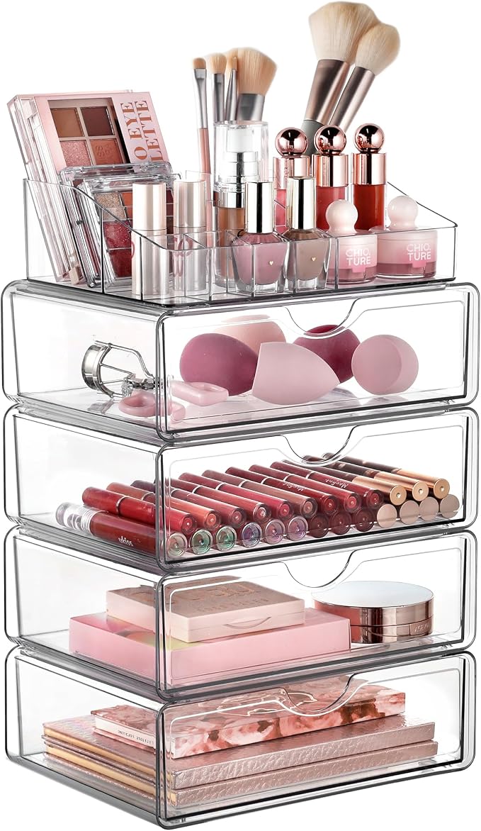 Vtopmart 5 Tier Clear Makeup Organizer with Drawer, Cosmetic Storage for Dresser Countertop and Bathroom Vanity, Beauty Holder for Lipstick Brush Skincare | Smart Storage Layout, Clear for Better Visibility, Stackable, Large Capacity, for Makeup Lipsti...