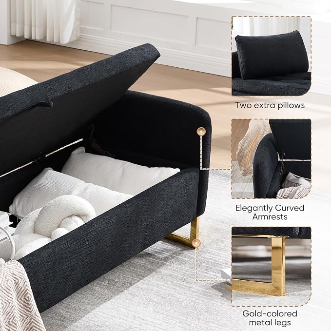 65" Storage Ottoman Bench, Chenille Storage Bench for Bedroom, End of Bed Storage Bench with Tufted Upholstered and Gold Legs, Bedroom Benches with Arms Window and Entryway, Black