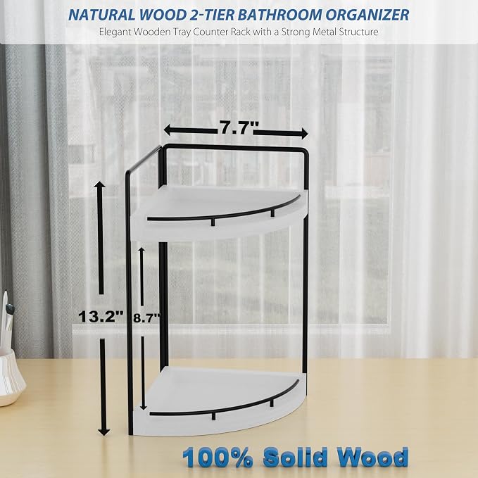Corner Bathroom Counter Organizer, 2 Tier Wood Vanity Storage, Waterproof Skincare Shelf for Kitchen & Toiletries Decor, Dresser (White-2 Tier)