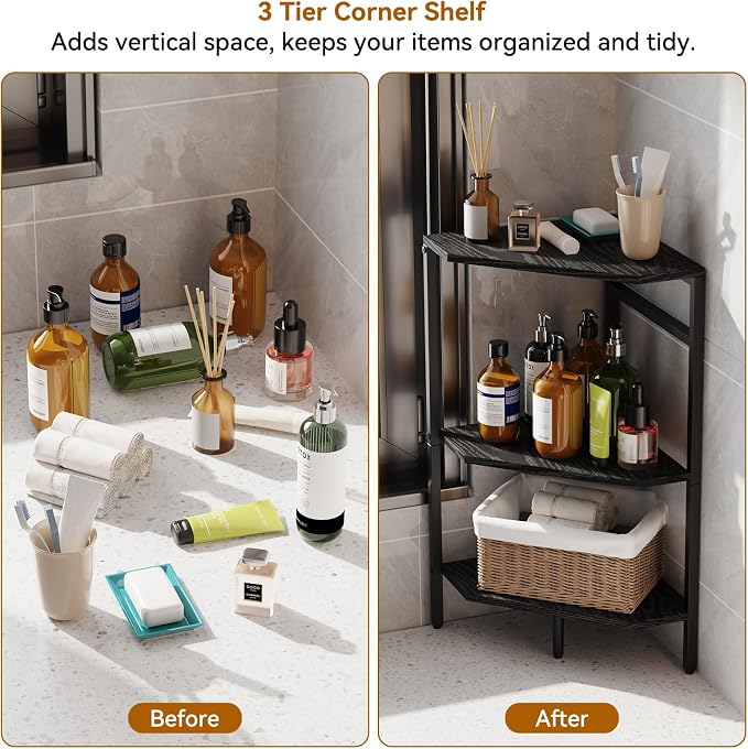 CADUKE Under Pedestal Sink Shelf, 2 Pack Under Sink Organizers and Storage, 3-Tier Pedestal Under Sink Storage Bathroom Vanity, Corner Shelf Stand for Bathroom, Kitchen, Living Room, Black