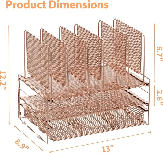 LEKETREE Rose Gold Desk Organizer, Office Organization with Vertical File Holder, File Organizer with Drawer and Office Supplies, Desk Accessories and Workspace Organizers (Rose Gold)