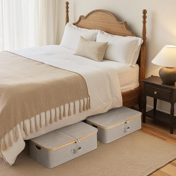 StorageWorks Underbed Storage Containers with Lids, 2-Pack 7" Low Profile Under Bed Storage Box with Bamboo Frame for Clothes, Bedding, Blankets and Shoes, 42L Sturdy Fabric Organizer, Taupe