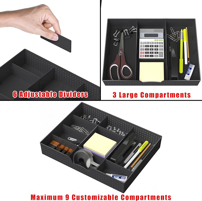 Simple Houseware Drawer Organizer Tray, 9 Compartments, 2-Pack, Black | Adjustable Compartments For Office, Makeup, and Craft Drawer or Desktop Storage