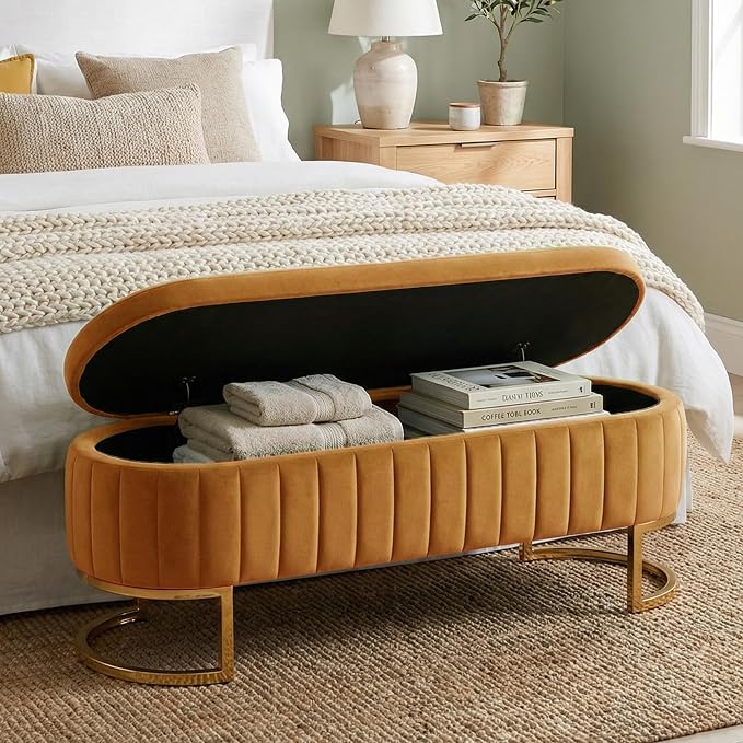 51" Velvet Storage Ottoman Bench End of Bed for Bedroom Entryway Light Brown