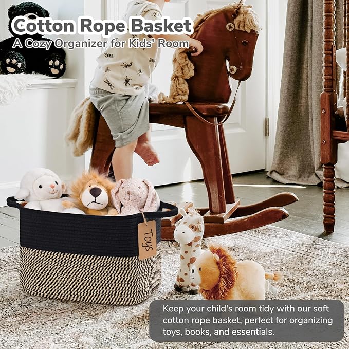 Goodpick Small Wicker Storage Basket for Shelves, Rectangle, Black & Jute | 13 × 10 × 9 in, Reinforced Handles, Shelf & Home Organization, Shoes, Towels, Toys & Nursery Essentials Storage