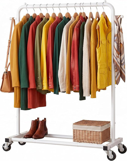 Sywhitta Metal Clothing Rack on Wheels with Bottom Shelf, for Clothes,White | Rolling Garment Rack for Hanging Clothes, Coats, Skirts, 39.76" L x 16" W x 63.78" H,Space-Saving Mobile Organizer for Closet