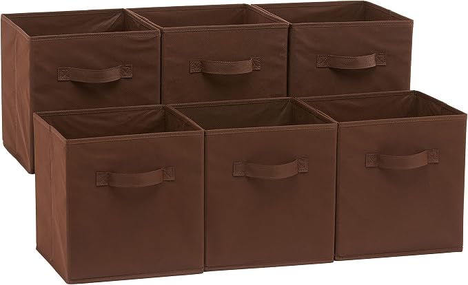 Amazon Basics Collapsible Fabric Storage Bins with Handles, Cube Organizer, Lightweight Fabric, 10.5"x10.5"x11", Brown, 6-Pack