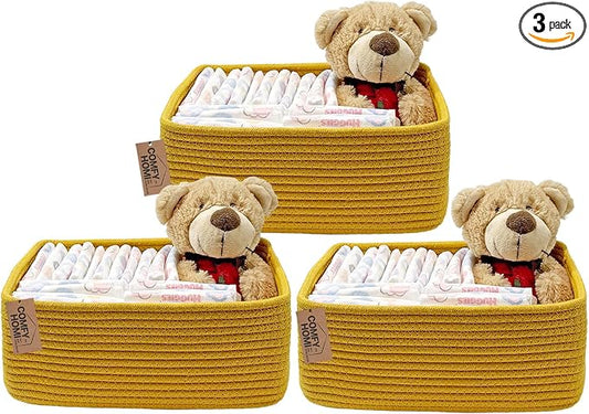COMFY-HOMI 13" x 8.5" x 5.1" Storage Baskets for Organizing | Cotton Rope Woven Basket | Toy Storage Bin Box | Basket for Shelves, Closet Organizer Bin, Decorative Closet Shelf, 3 Pack