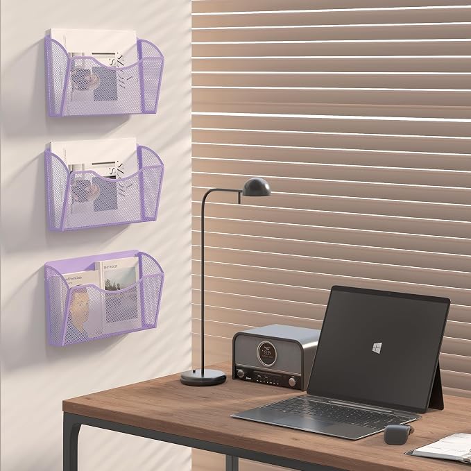 EasyPAG 3 Pack Wall File Organizer, Metal Mesh Hanging File Folder Holder for Letter/A4 Size Folders, Vertical Wall Mount Mail Sorter for Office Paperwork, Classroom, Purple